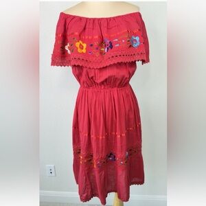 Mexican Oxcana Peasant Off Shoulder Floral Embroidered Fiesta Ruffled Dress M L